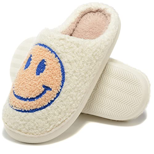 Image of Retro Fuzzy Face Slippers for Women Men, Retro Soft Fluffy Warm Home Non-Slip Couple Style Casual Smile Face Slippers Indoor Outdoor Anti-Skid Warm Cozy Foam Slide Fuzzy Slides with Soft Memory Foam Shoes