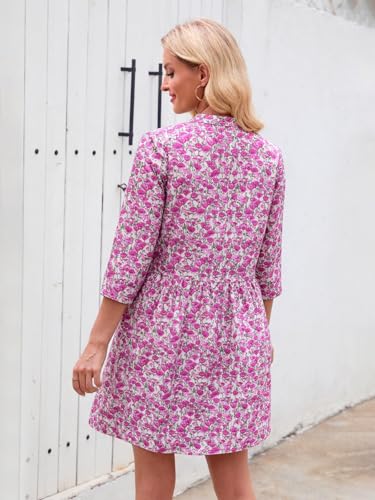 Image of EZAPINE Floral Dress for Women 3 /4 Sleeve Shift Boho Cotton Shirt Dresses | Button Up,Summer,Mini,Above Knee,Casual,for Picnic,Vacation