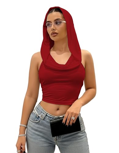 Posyra Sexy Backless Hoodie Draped Halter Tank Top for Women Stretchy Crop Top Rave Outfits Concert Festival Party Streetwear Tanks Camis(Red)