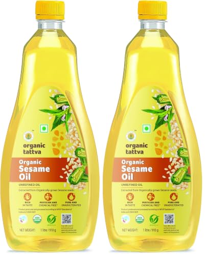 Image of Organic Tattva Sesame Oil 1 Litre | Unrefined Cold Pressed Cooking Oil | Pure Sesame Seed Oil | Suitable for Everyday Cooking (Pack of 2)