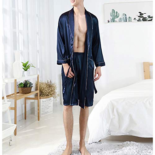 Men's Luxurious Kimono Robe with Shorts Summer Lightweight Nightgown Satin Bathrobes (Color : Blue, Size : Medium)4