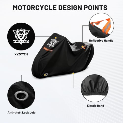Image of XYZCTEM Motorcycle Cover All Season Waterproof Outdoor Protection | Fit up to 96.5 Inch Tour Bikes, Choppers and Cruisers - Protect Against Dust, Debris, Rain and Weather (Black)