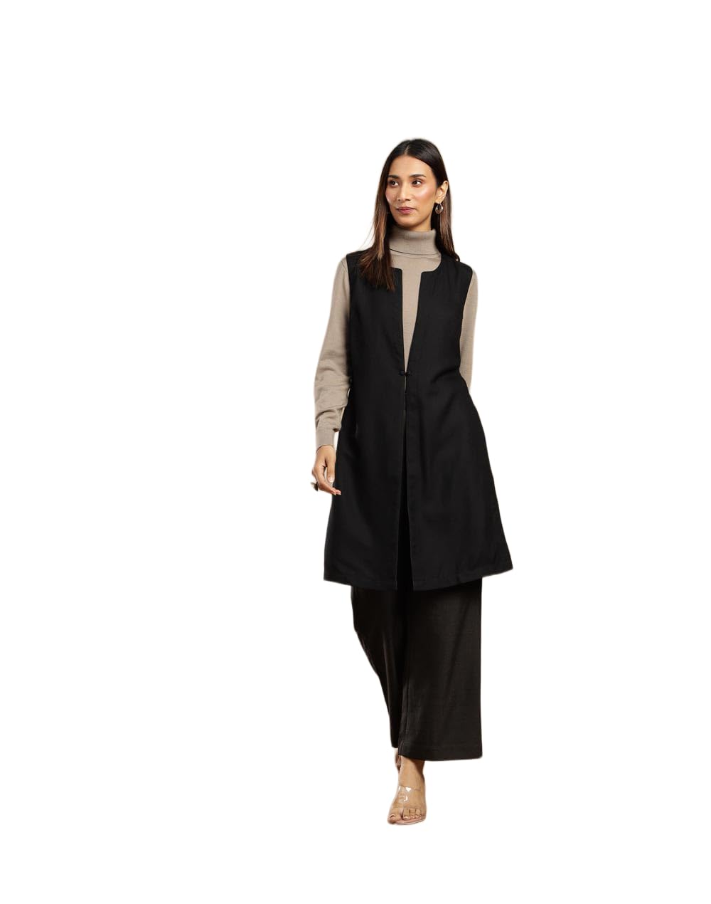 fabindia Women Wool Black Solid Round Neck Sleeveless Relax Regular Fit Jacket-picture-16