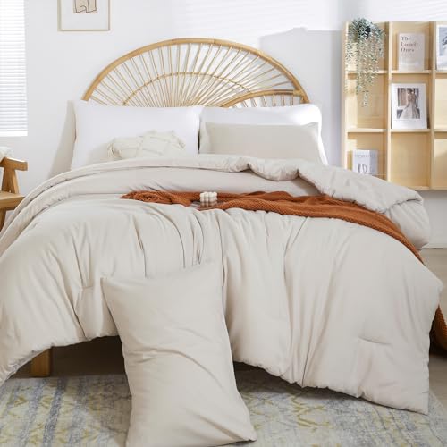 Image of weigelia Beige Comforter Set Twin Boho Cream Twin Comforter with 1 Pillowcases - Soft Lightweight Cozy Bedding Set for All Season - Beige Comforter Twin Size for Women Teens Kids