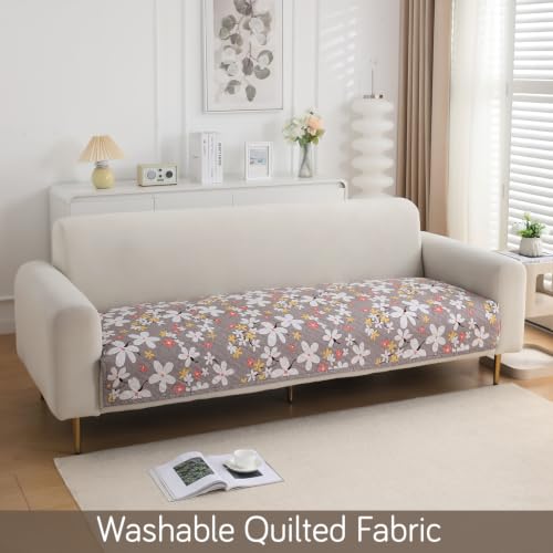 Image of HOKIPO Printed Quilted 1 Seater Sofa Cover Seat Mat, Pastel Brown Sandwort Flower (IN-806-D1*1)
