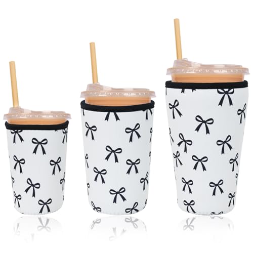 Image of Reusable Insulated Neoprene Iced Coffee Cup Sleeve, Durable Drink Sleeve for Cold Beverages, Beverage Holder for Iced Coffee, Black Bow