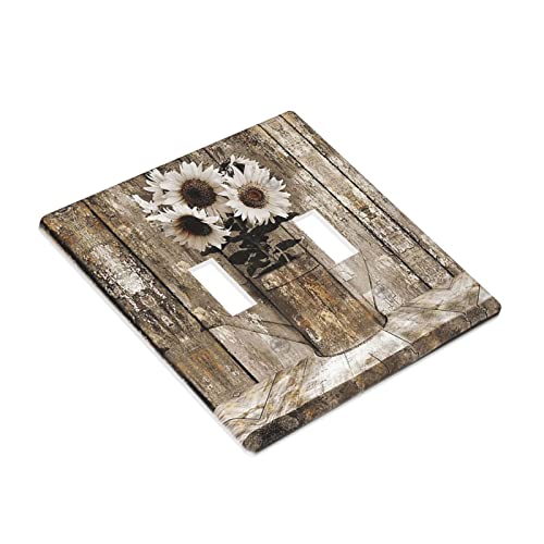 Rustic Vintage Farmhouse Wood Sunflower Light Switch Cover Plate Decorative Double Toggle Switch Plate 2 Gang Wall Plate Outlet Cover For Kitchen Bedroom Bathroom Standard Size 4.5 X 4.5 Inch #TOP2