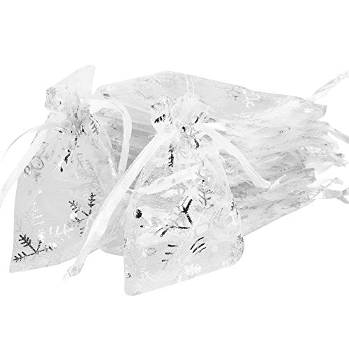 Exclusive Discount 🔥 100 Pieces Pack of 1 Christmas Organza Bags Snowflakes Organza Bags Jewelry Candy Drawstring Pouches for Winter Wedding Christmas Party (White)