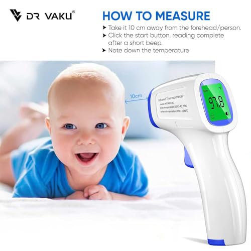 Image of DR VAKU Digital Thermometer For Fever Non-Contact Laser Infrared Forehead Thermometer Temperature Gun Accurate Reading with Large Display Battery Included] - White and Dark Blue, Plastic