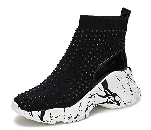 WSKEISP Women s Platform Boots Wedge Sneakers Ankle Boots Studded Rhinestone Breathable Fashion Wedding High Top Stretch Sock Booties Black Stud Size US 8