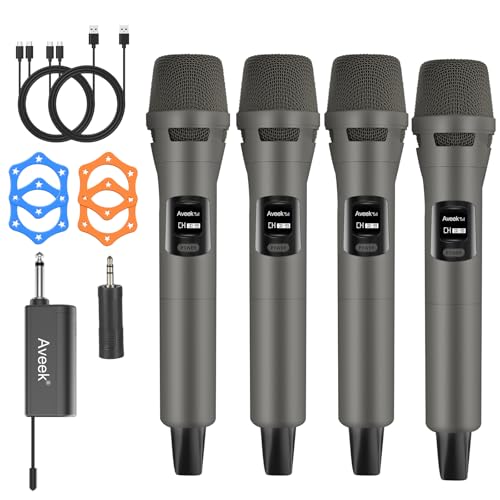 Aveek Set de 4 Micrófonos Inalámbricos Recargables con Receptor, Micrófonos Dinámicos Profesionales para Karaoke, Fiestas, DJ, Bodas e Iglesias, Alcance 30 m