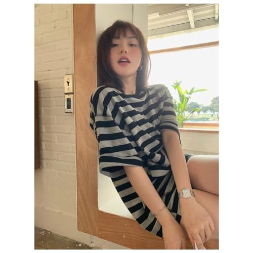 Harajuku Women's Short-Sleeved T-Shirt Black and White Striped T-Shirt Summer Loose All-Match Ladies Short-Sleeved3