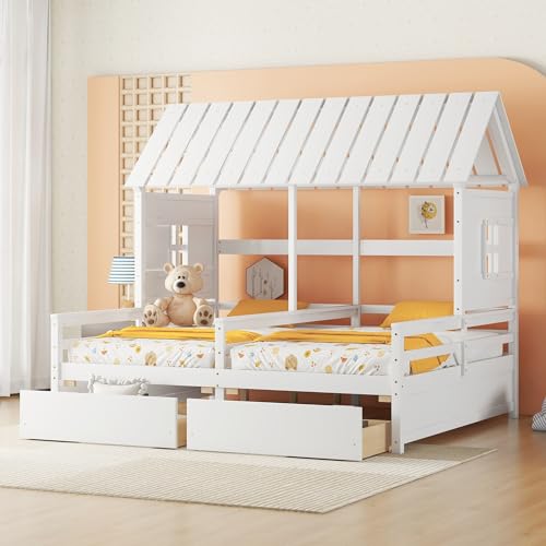 SOFTSEA Twin Size House Double Piatform Bed with Drawers, Twin Size Beds with Roof, Combination of 2 Side by Side Beds, No Box Spring Needed, White