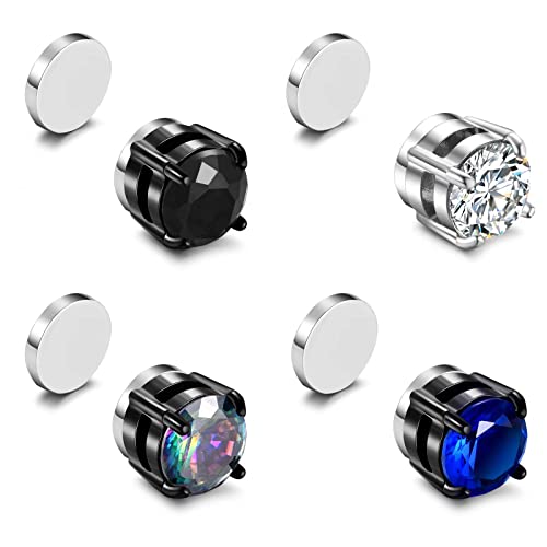 SIISPRI 4 Pairs Stainless Steel Clip on Earrings - Non Piercing, Unisex CZ Magnetic Earrings for Men 6MM4