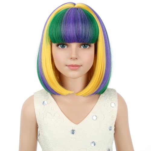 PATTNIUM Mardi Gras Colored Bob Wig for Kids Girls Purple Green and Yellow Short Blue Straight Wig with Bangs Cosplay Party Synthetic Rose Net Daily Wear Wig