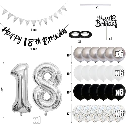 Image of 18th Birthday Decorations for Boys, Black Happy 18th Birthday Banner with Black Silver 18th Balloons 18 Cake Topper Decor Number 18 Balloon for Girls 18 Year Old Party Decoration