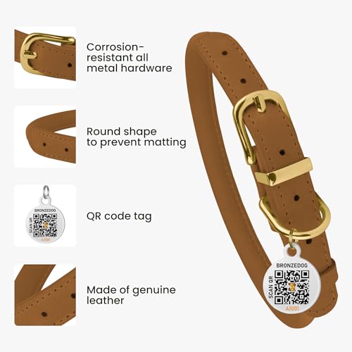 BRONZEDOG Hundehalsband aus gerolltem Leder mit QR-ID-Tag, verstellbar, weiche runde Halsbänder für kleine, mittelgroße und große Hunde, Welpen, Katzen (Hellbraun, 18-25 cm)