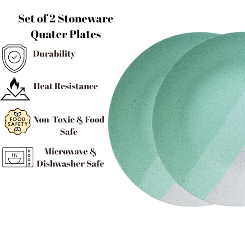 Image of Freakway Set of 2 Modern Ceramic Dinner Plates - 7.3'' Speckled Stoneware Plates with Half Mint Green & White Design /Microwave & Dishwasher Safe