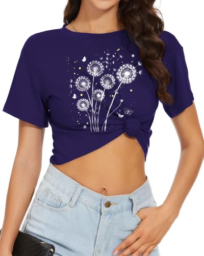 Image of Womens Crop Tops Summer Short Sleeve Round Neck T-Shirts Loose Fit Blouse | Chicgal Soft Elastic Fabric, Short Crop Design, Multiple Colors, Different Sizes XS-XL, Work Daily School Teacher Pants Skirt
