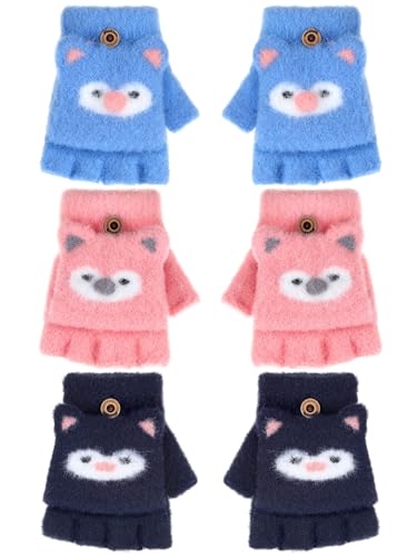 Geyoga 3 Pair Kid Fingerless Gloves Convertible Flip Top Gloves Winter Warm Half Finger Mitten for Kid Boy Girl 5-10 Year