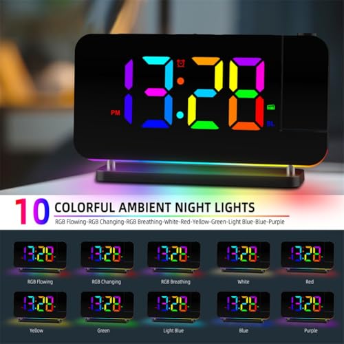 Roxvue Reloj Despertador con Proyección FM-Radio con Luz RGB, Pantalla LED, Reloj Despertador de Escritorio, Brillo Adjustable, Color