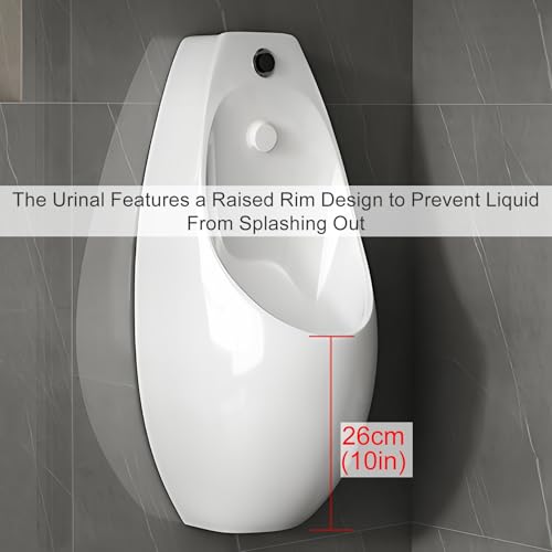 Urinal de pared para hombres, uso comercial y doméstico, urinal cerámico blanco con sensor y descarga manual, doble descarga, antiesplashes, drenaje de pared o piso, incluye kit de instalación miniatura 5