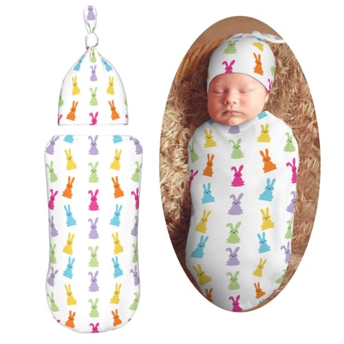 Image of Easter Cute Colorful Bunny Swaddle Blanket with Beanie Hat Set Newborn Receiving Blankets Baby Swaddle Wrap Soft Swaddle Blankets for Baby Boys and Girls