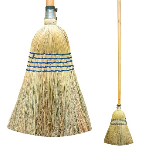 Traditional Corn Broom with 100% Natural Straw Bristles - Outdoor Broom for Horse Stables Farm Yards Gardens and Workplaces - 120cm Wooden Handle No Need to Bend Broom