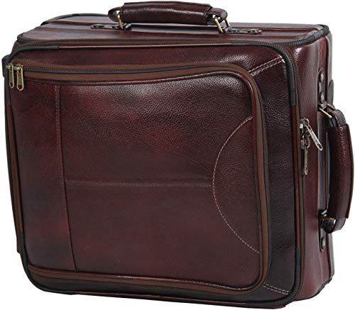 Image of HAINE Genuine Leather Overnighter Travel Trolley Cabin Luggage Bag, Brown