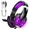 Bengoo Stereo Gaming Headset voor PS4, PC, Xbox One Controller, Noise Cancelling Over Ear Hoofdtelefoon met Microfoon, LED Licht, Bass Surround, Zacht Geheugen Paars