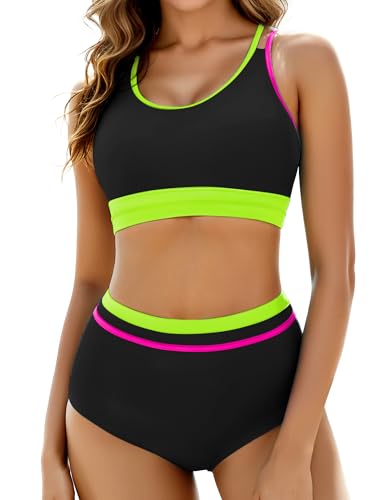Arolina Women's High Waisted Cheeky Two-Piece Color Block Swimsuits