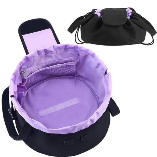 Lay Flat Drawstring Makeup Bag,Travel Cosmetic Organizer for Women,Large Capacity Toiletry Bag,Portable Open-Flat Design for Skincare and Makeup Brushes (Purple)