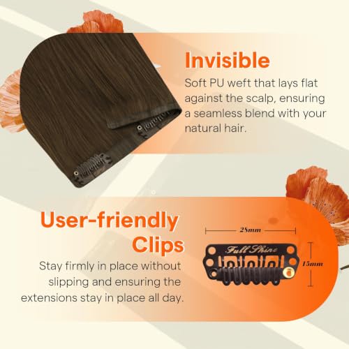 Image of Full Shine Seamless Clip in Hair Extensions, Chestnut Brown | Brown Hair Extensions, 16 Inch 65g 4 Pcs, Fill Thinning Sides, Silky Straight, Coffee Dates, Fine Hair, Easy to Blend