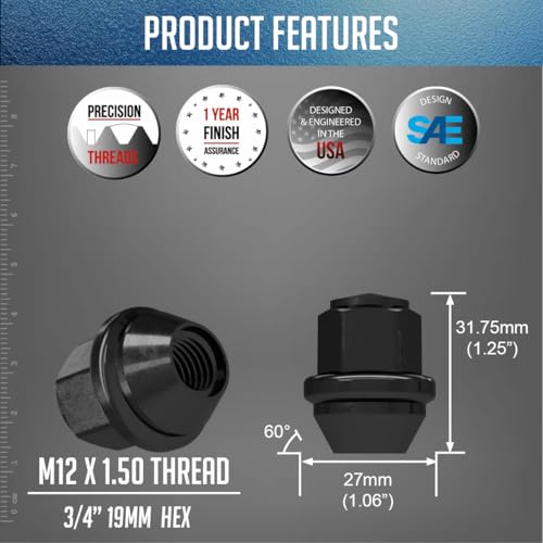 Image of Wheel Accessories Parts 20 Pcs M12x1.5 12x1.5 Thread OEM Style Lug Nuts 1.25 inch 32mm Long Black 3 /4 inch 19mm Hex Fits Ford Bronco Sport Escape Fusion | Lincoln Corsair CV6Z-1012-C | 611-303