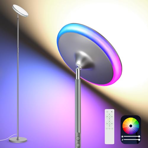 Image of Bright Floor Lamp,42W 3700LM LED Torchiere Floor Lamps for Living Room, 71in. Modern Tall Standing Light with Remote,Color & Brightness Dimmable Sky Light,1 /2 /3H Timer for Bedroom,Office(Gray)