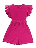 WDIRARA Girl's Flutter Cap Sleeve Crew Neck Dressy Belted Romper Cute Short Jumpsuit Hot Pink 10Y