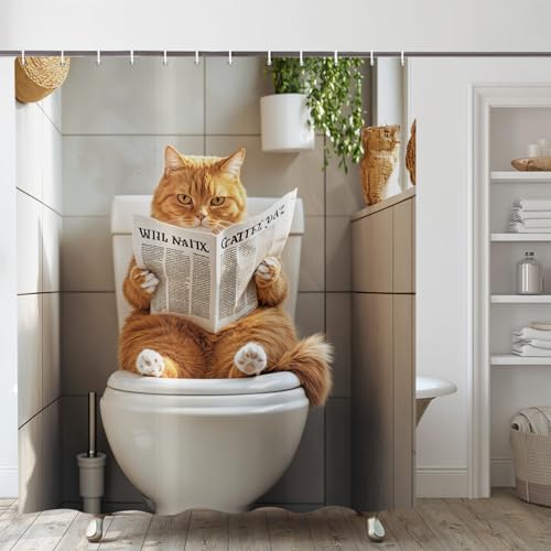 ASDCXZ Rideau de Douche Drôle de Chat 180x200 cm, Mignon Chaton Lecture Journal Salle de Bain Animal Hilarant Imperméable Bain Rideau Textile Lavable Rideaux...
