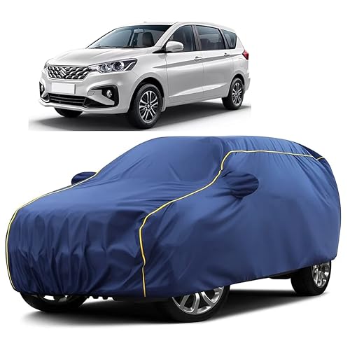 Image of Sulfar 100% Water Resistant Car Body Cover Compatible with Mirror for Maruti Suzuki Ertiga (Triple Stitched, Full Bottom Elastic, Blue Taffeta with Yellow Piping)