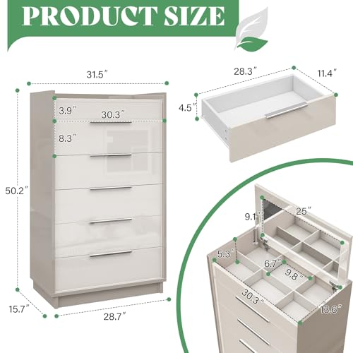 Image of AMERLIFE 5-Drawer Chest with Glass Tabletop, Storage Dresser Organizer with Inside Mirror & Lift Top Dresser for Bedroom, Cream&Grey