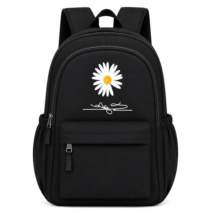 Daisy Flower Printed Backpack for Girls, Women & College Students | Water Resistant School Bag | Lightweight Travel Backpack with Multiple Compartments | Casual Daypack Black-image-43