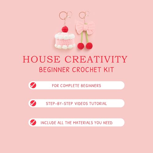 Image of HOUSE CREATIVITY Crochet Keychain Kit for Beginners - Make 2 Cute Cake & Bow Charms, Amigurumi Crochet Starter Kit with Video Tutorial, Yarn & Keyring, DIY Bag Charm Gift