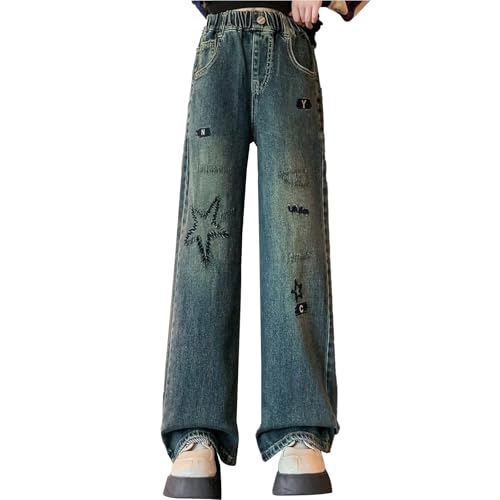 Girls Elastic Waist Cool Denim Pants Casual Fashion 𝐘2K Active Jeans with Pockets Baggy Straight Wash Trousers