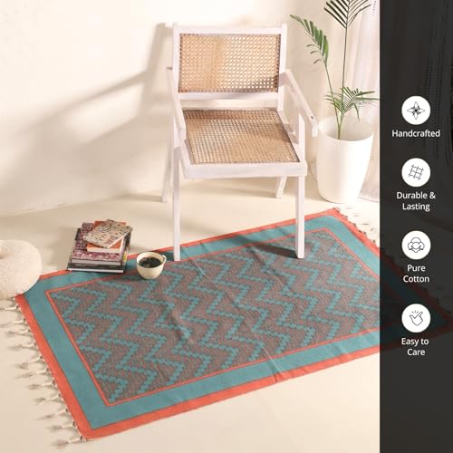 Image of Peepul Tree Handmade Pure Cotton Rug for Living Room | Multipurpose Carpet for Hall, Bed Room and Corridor | Floor Rugs | Sustainable Dhurrie Rugs | 3x5ft | Teal and Coral | Chintz Collection