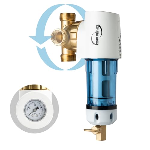 Image of iSpring WSP100GR Reusable Spin Down Sediment Water Filter 100 Micron with Built-in Housing Scraper, 360 Rotatable Head, Pressure Gauge, Blue