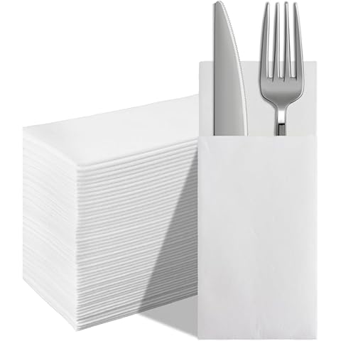 JEBBLAS Disposable Linen-Feel Dinner Napkins, Cloth Like Napkins Built-in Flatware Pocket, Prefolded Paper Napkins for Silverware, Napkins for Wedding or Party, 150 Count Cover