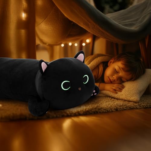 Image of MaoGoLan Black Cat Plush Body Pillow, 44'' Giant Glow in The Dark Cat Stuffed Animal Toy for Girl Boy Kid, Big Cute Kitten Plush Throw Pillow for Birthday Gift, Baby Shower Party Favor Decor