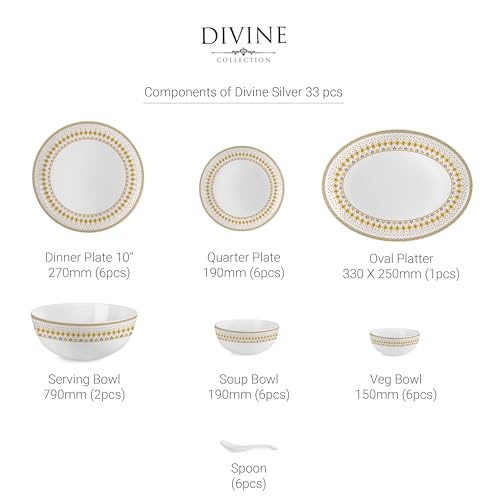 Image of CELLO Filigree Divine Series Opalware Dinner Set of 33 Pieces for Family of 6 | Bone-Ash Free & Leadfree Opal Glass, Microwave & Dishwasher Safe Plates & Bowls Crockery Set for Dining & Gifting