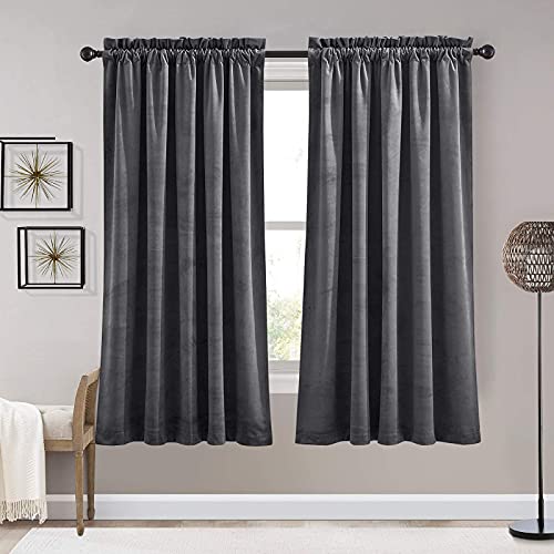 Image of RYB HOME Grey Velvet Curtains 63 inches Long - Super Soft Room Darkening Thermal Insulating Window Drapes for Bedroom Living Room Dining Backdrop, W 52 x L 63 inch, 2 Panels