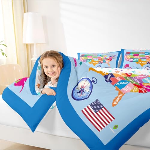 Image of Feelyou Geography USA Map Comforter Set Full Size, Educational Map Bedding Set for Kids World Geography Comforter Learning Educational Duvet Set Microfiber Bed Set