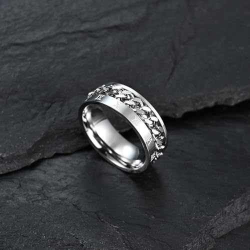 PAMTIER Unisex 8mm Stainless Steel Personality Cool Beer Bottle Opener Chain Rotatable Fidget Ring Punk Roman Numerals Anxiety Band3